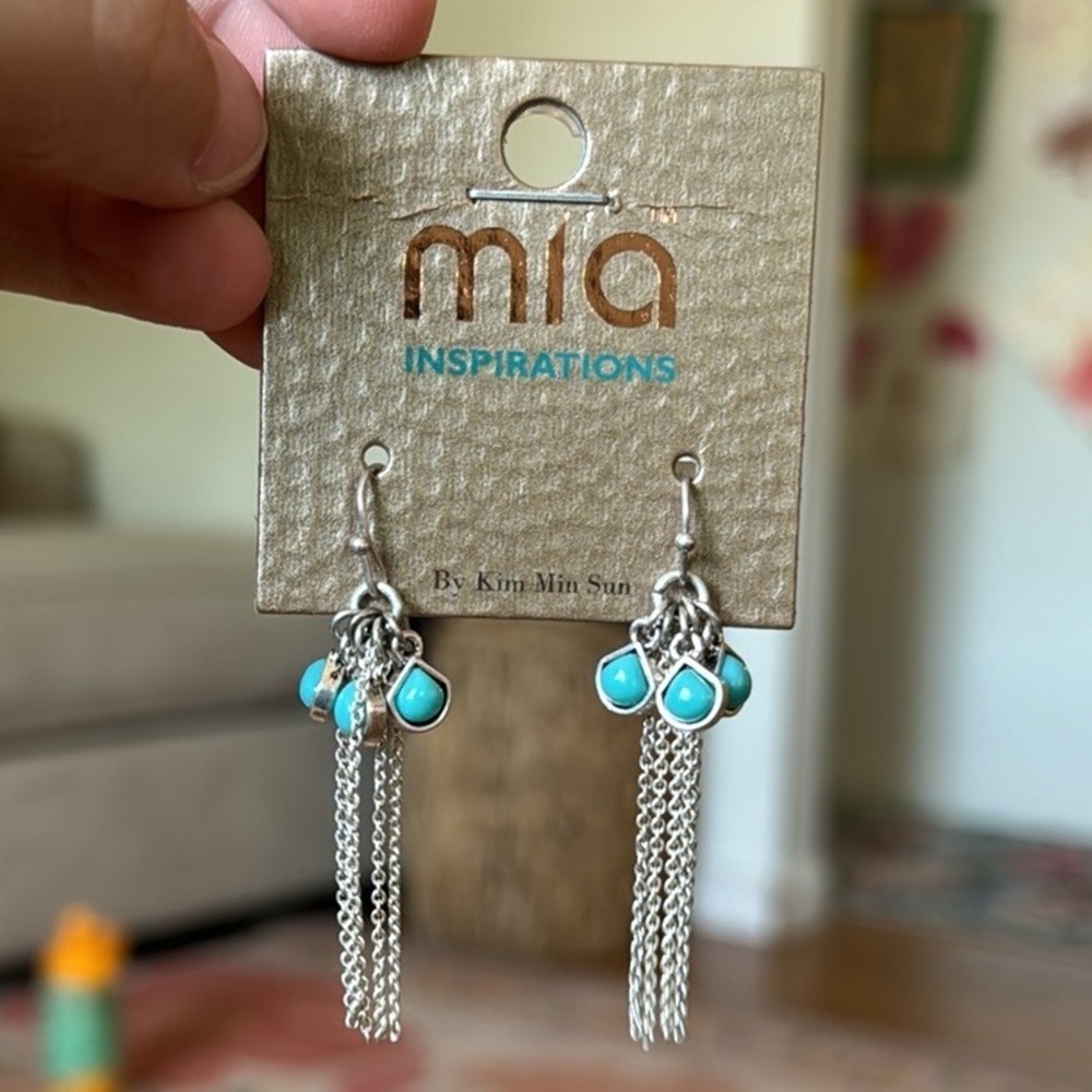 Mia Collection Inspirations Silver Turquoise Western Boho Chain Dangle Earrings